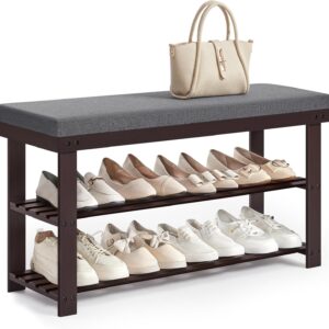 Bamboo Shoe Bench - Rustic Walnut and Slate Gray
